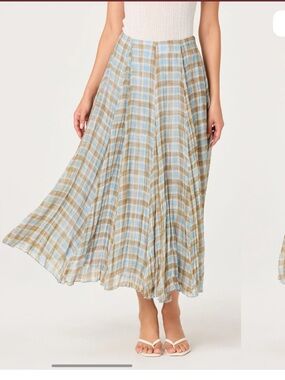 Astr Fiori Pleated Maxi Skirt in Light Blue and Tan Plaid
